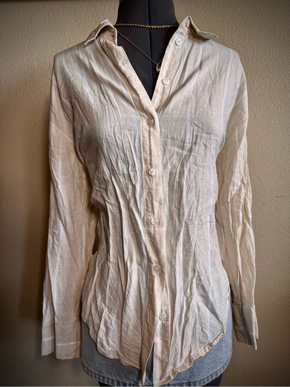 H&M Linen Cream Ivory White Striped Button Down Shirt XS